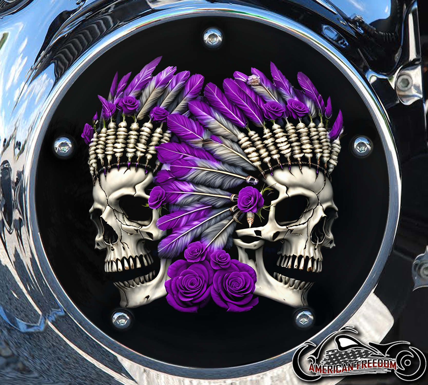 Custom Derby Cover - Indian Skull Roses Purple